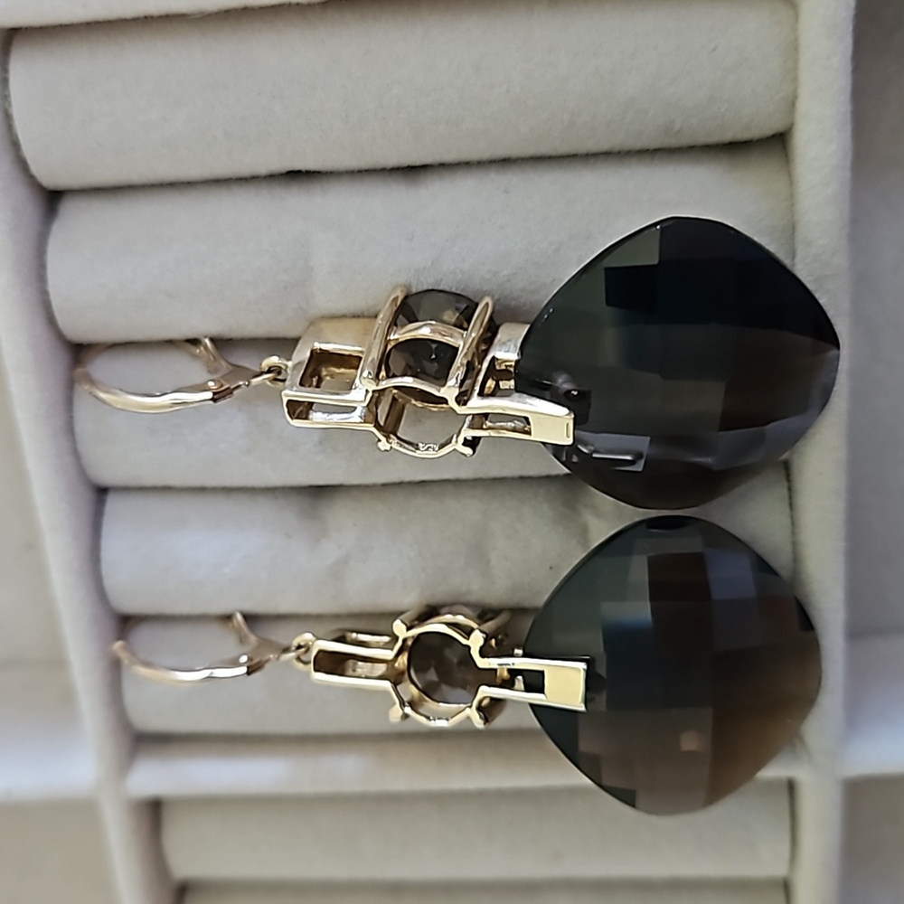 Vintage Smokey Topaz Diamond Accent Gold Drop Earrings - Picture 6 of 8
